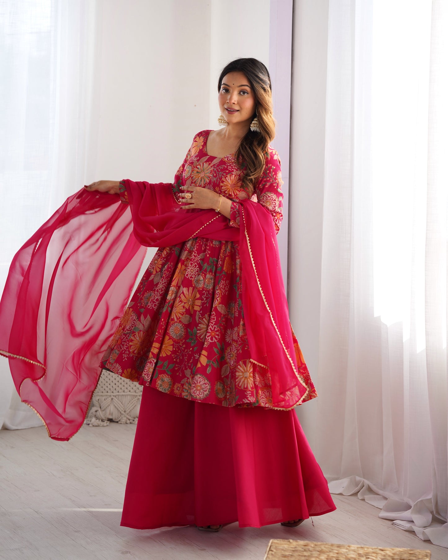 Fabulous Pink Color Heavy Pure Soft Roman Silk Chanderi Designer Palazzo Suit