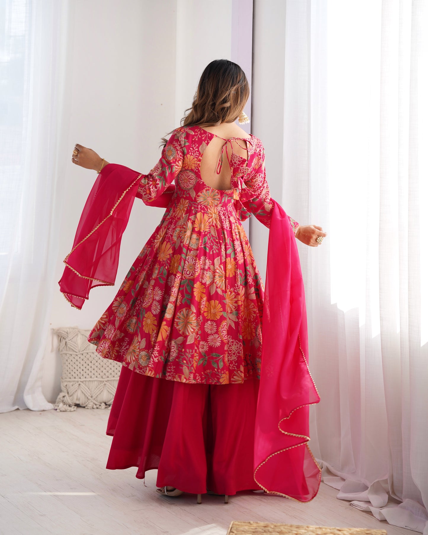 Fabulous Pink Color Heavy Pure Soft Roman Silk Chanderi Designer Palazzo Suit