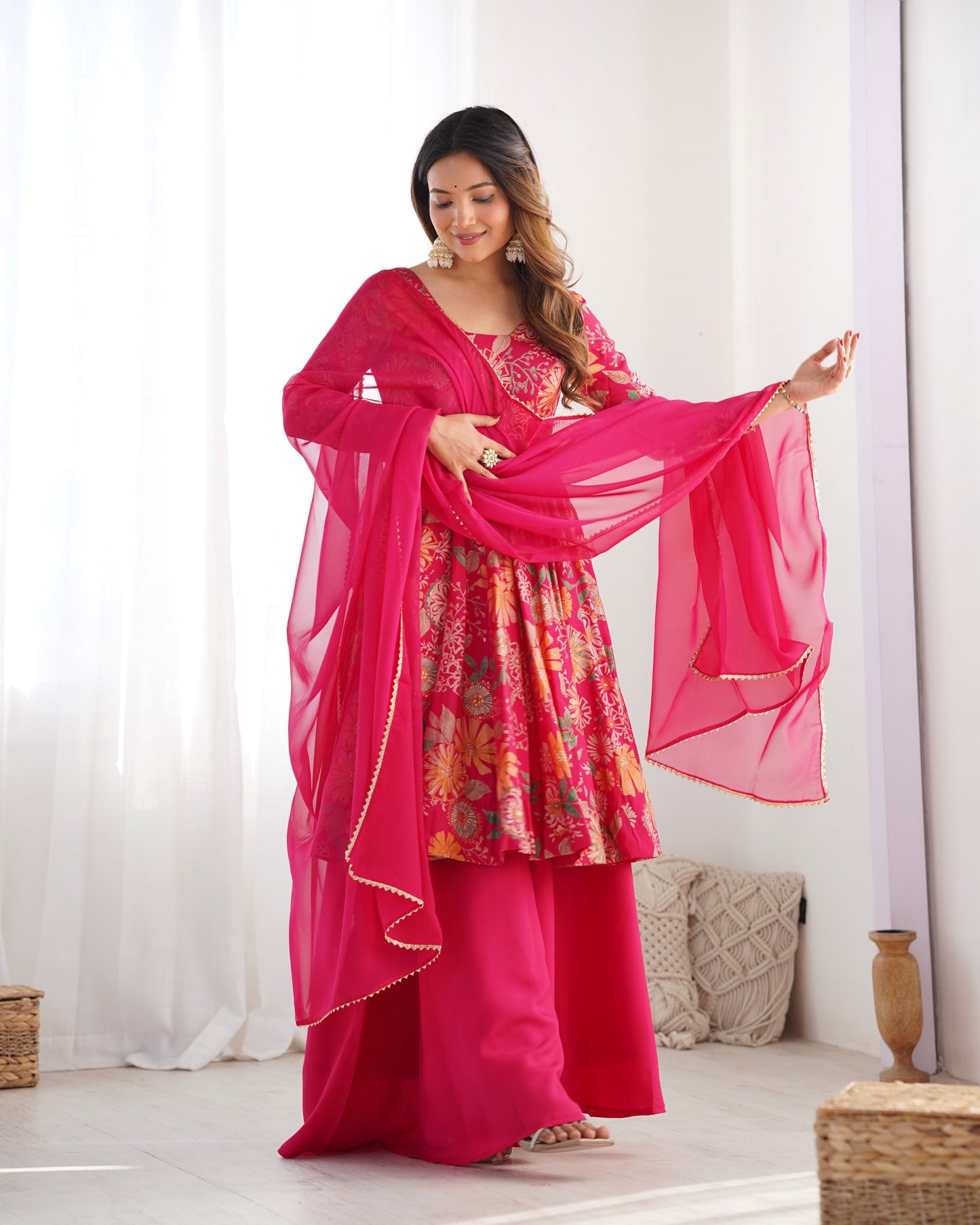 Fabulous Pink Color Heavy Pure Soft Roman Silk Chanderi Designer Palazzo Suit