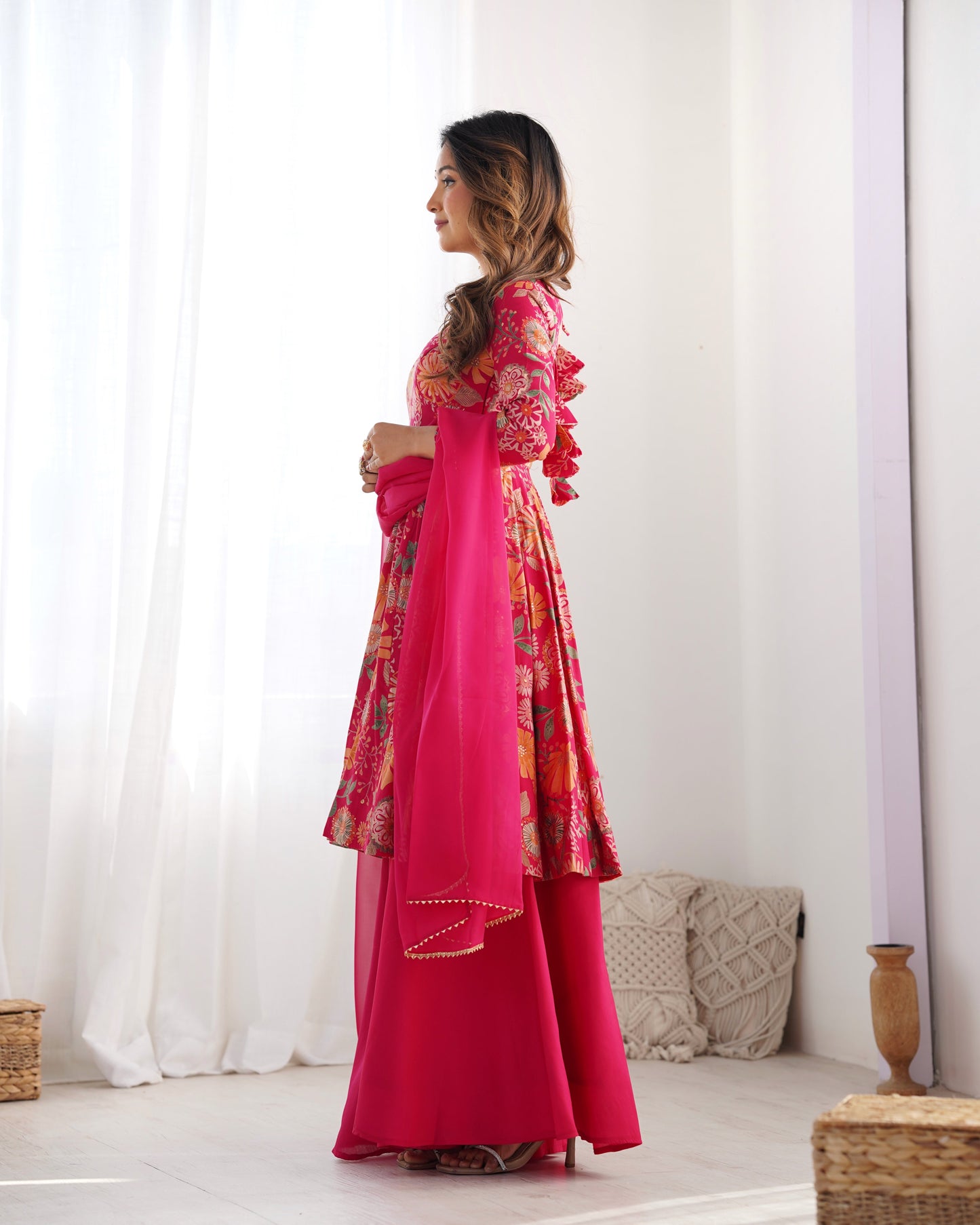 Fabulous Pink Color Heavy Pure Soft Roman Silk Chanderi Designer Palazzo Suit