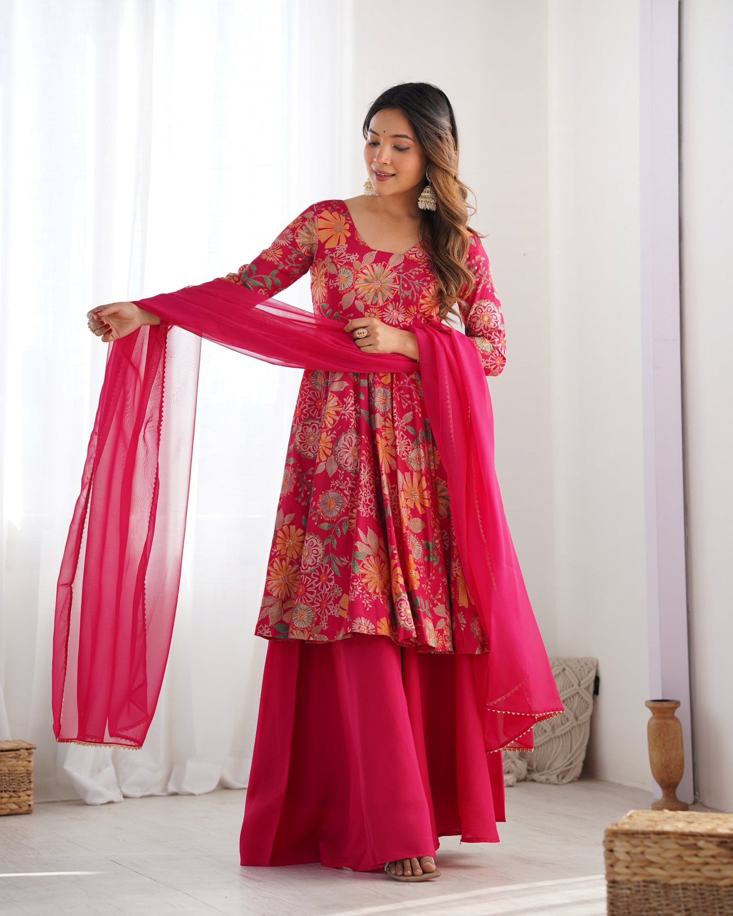 Ceremony Wear Pink Color Chanderi Designer Palazzo Suit
