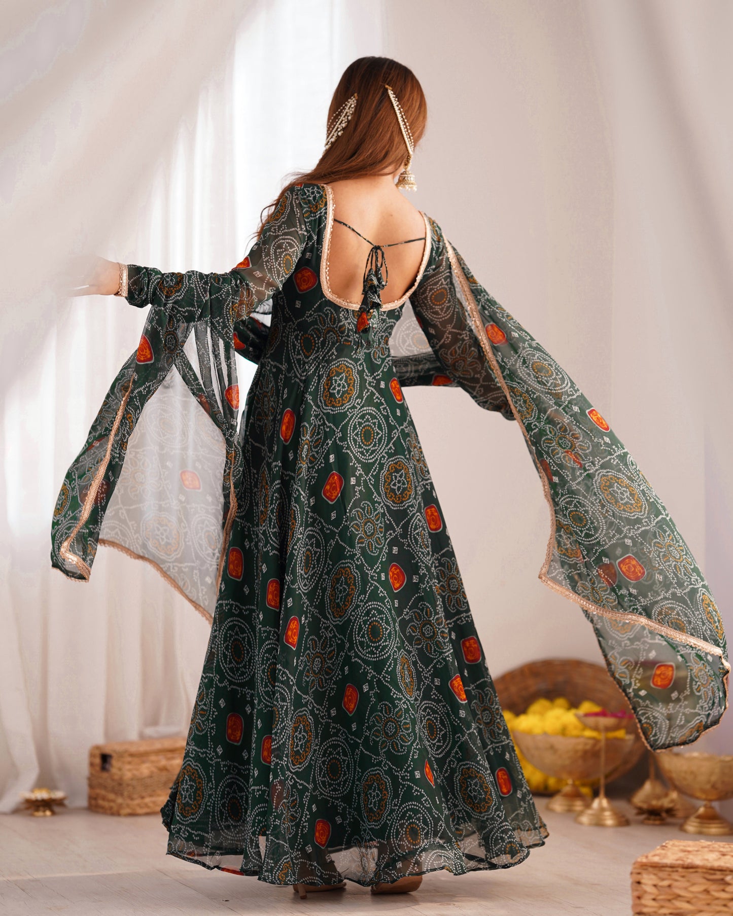 Ceremony Wear Green Color Pure Soft Lightweight Chiffon Bandhej Fabric Designer Gown