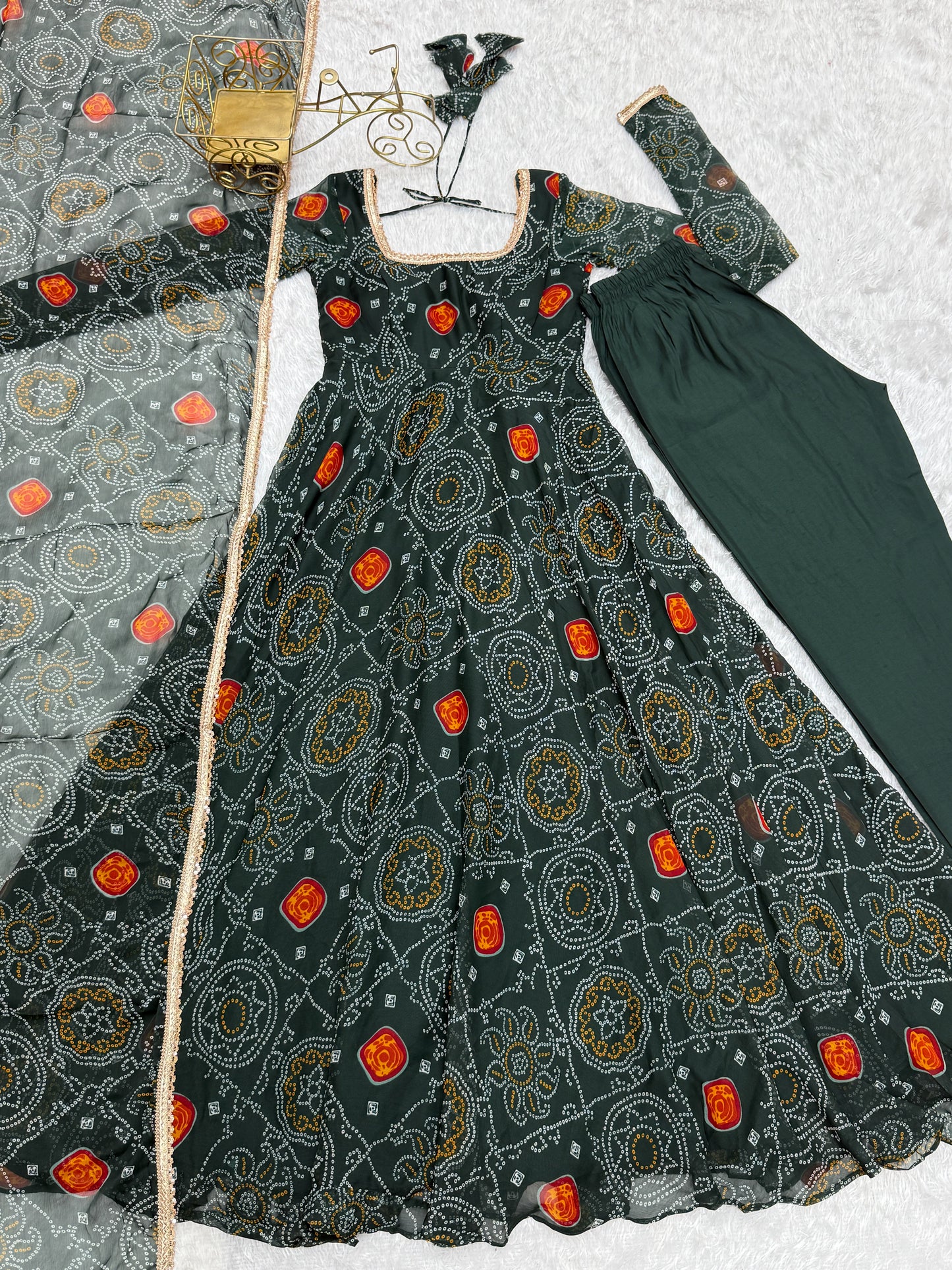 Ceremony Wear Green Color Pure Soft Lightweight Chiffon Bandhej Fabric Designer Gown
