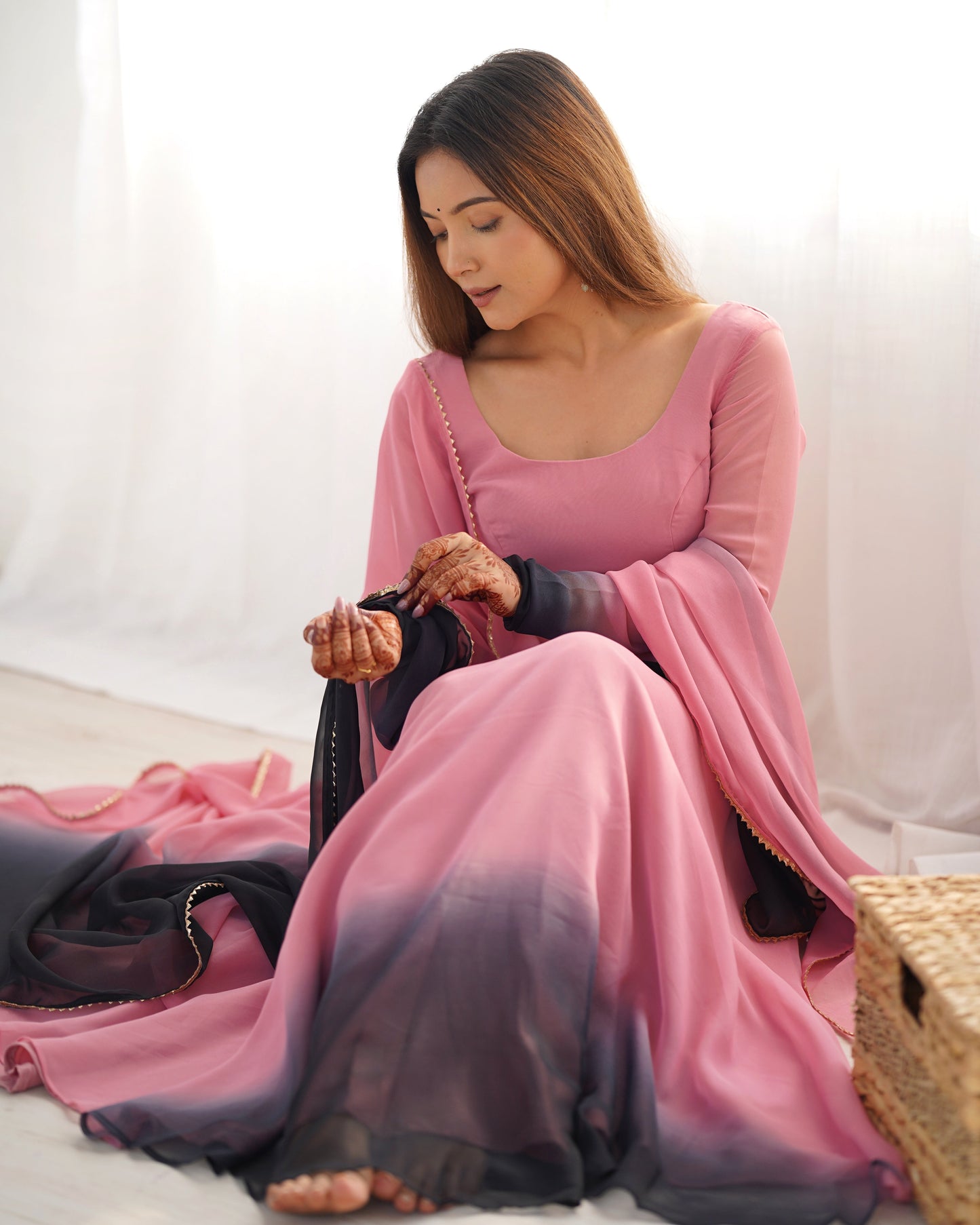 Luxuriant Peach And Black Color Heavy Pure Soft Faux Georgette Designer Anarkali Gown