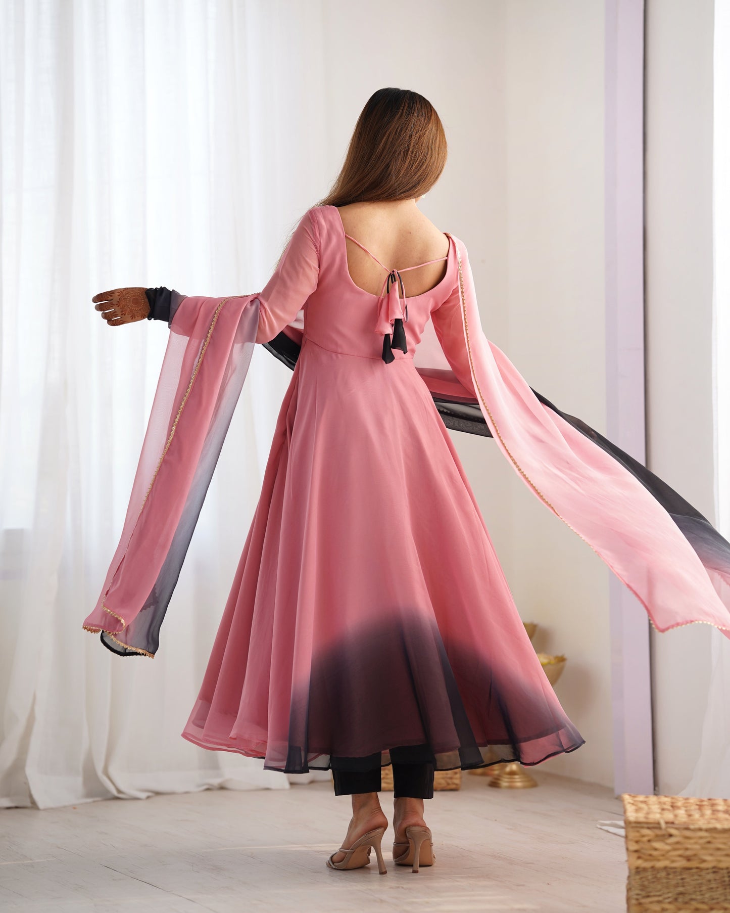Luxuriant Peach And Black Color Heavy Pure Soft Faux Georgette Designer Anarkali Gown