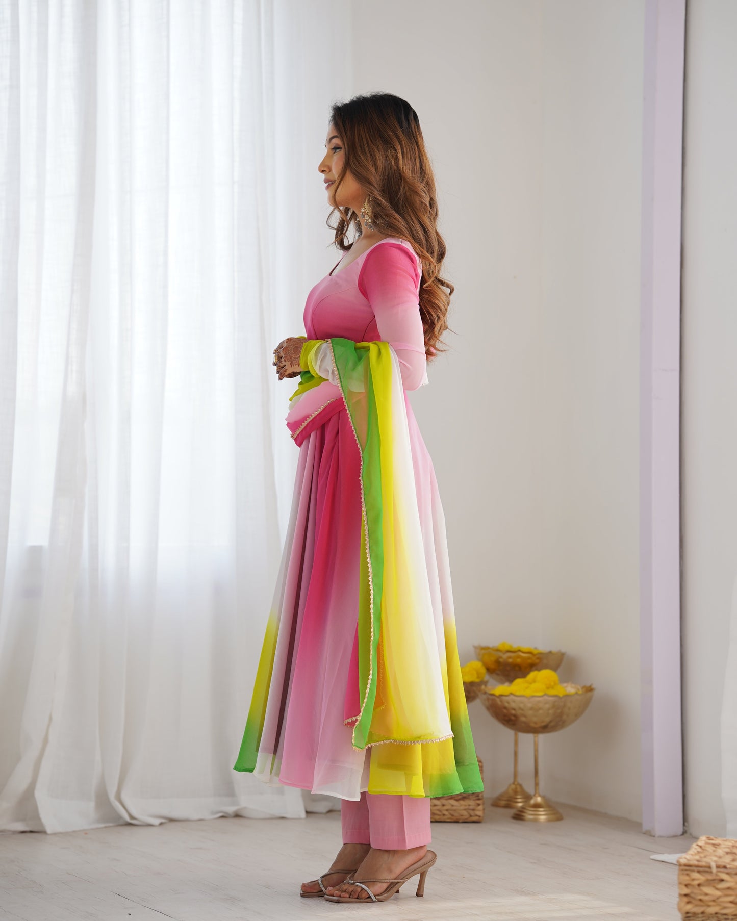 Luxuriant Peach And Pink Color Heavy Pure Soft Faux Georgette Designer Anarkali Gown