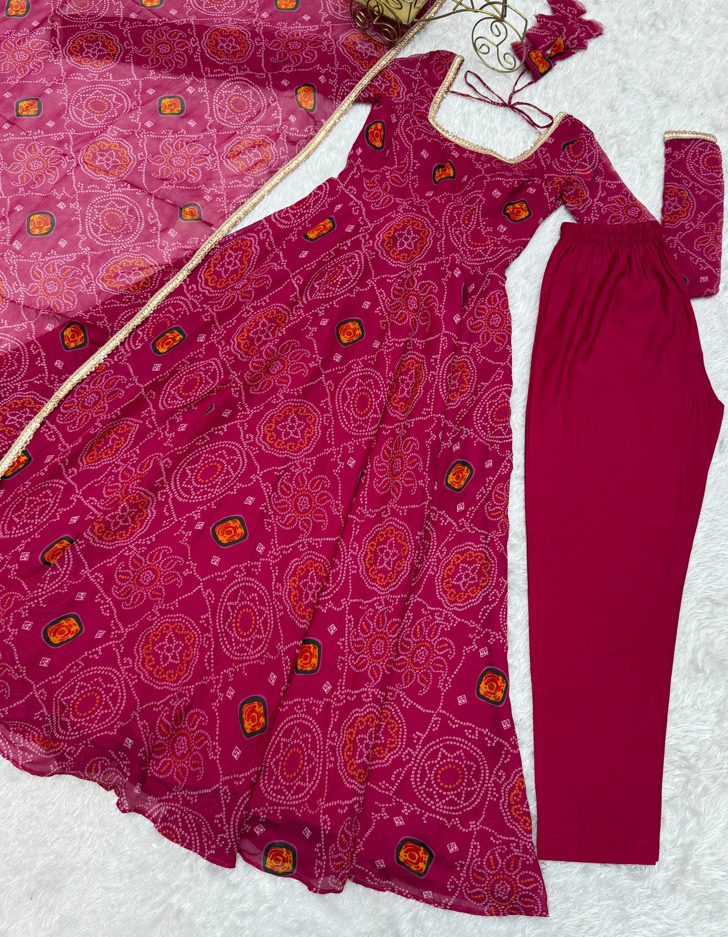 Function Wear Rani Pink Color Pure Soft Lightweight Chiffon Bandhej Fabric Designer Gown