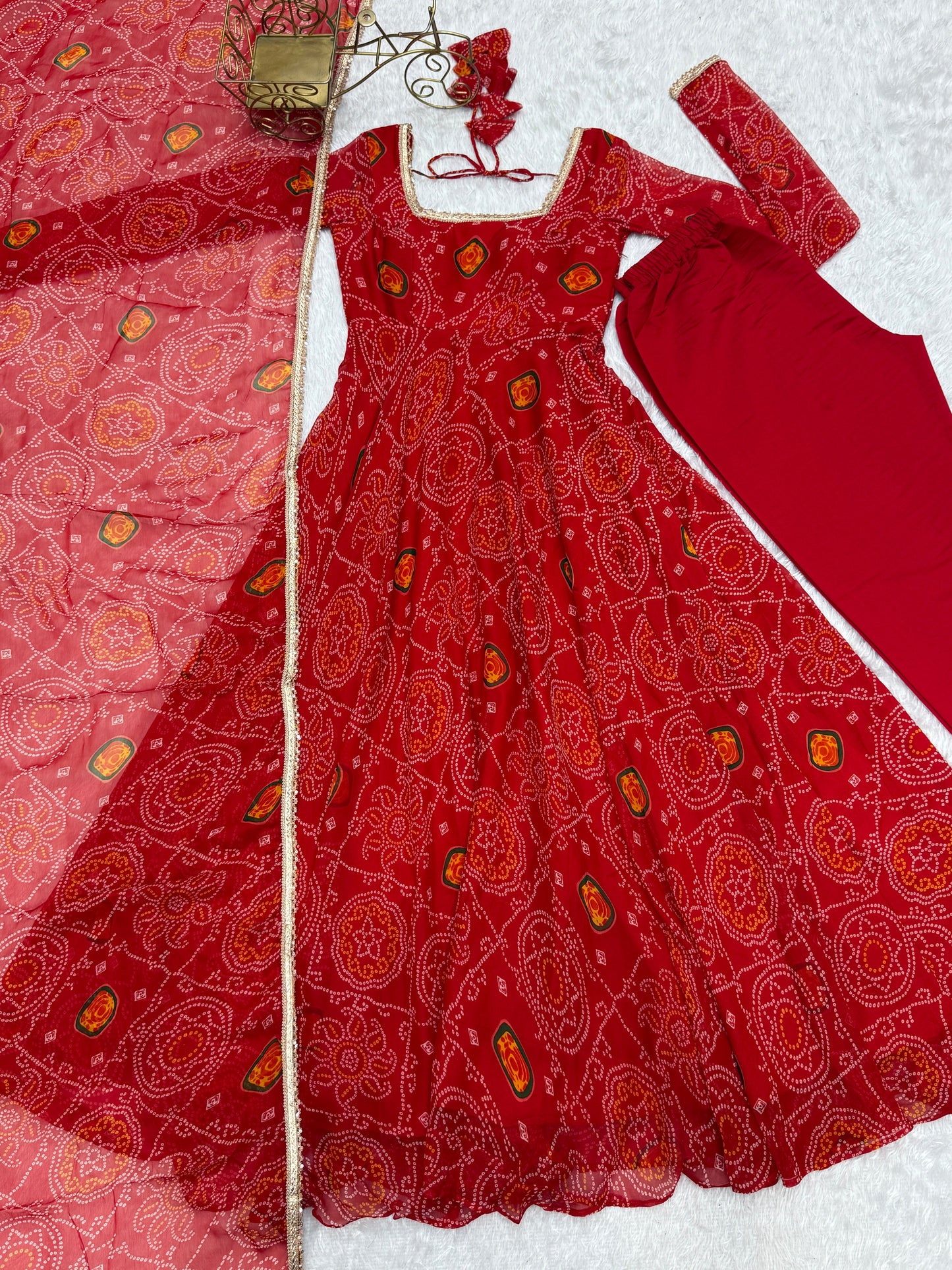 Function Wear Red Color Pure Soft Lightweight Chiffon Bandhej Fabric Designer Gown