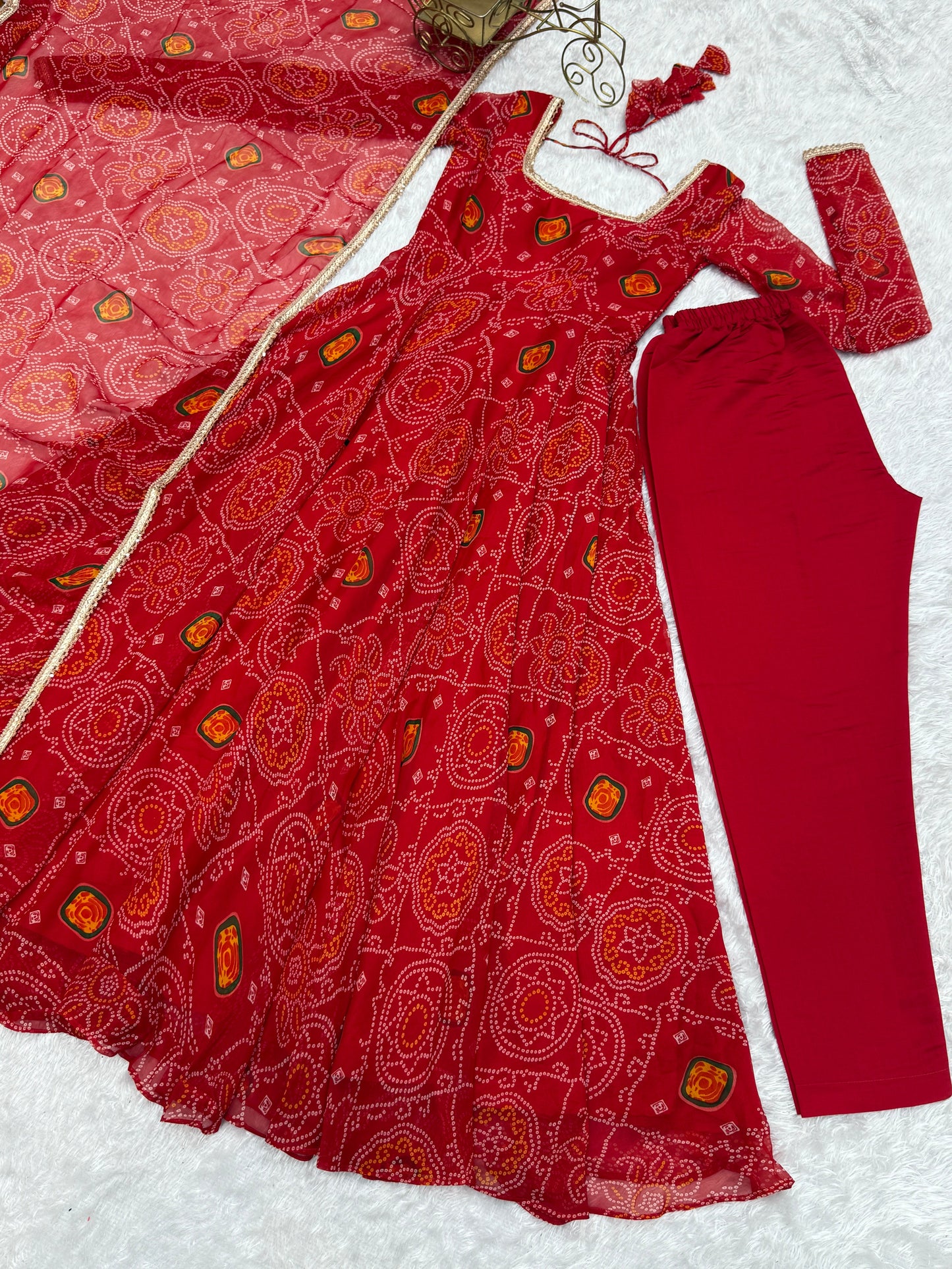 Function Wear Red Color Pure Soft Lightweight Chiffon Bandhej Fabric Designer Gown