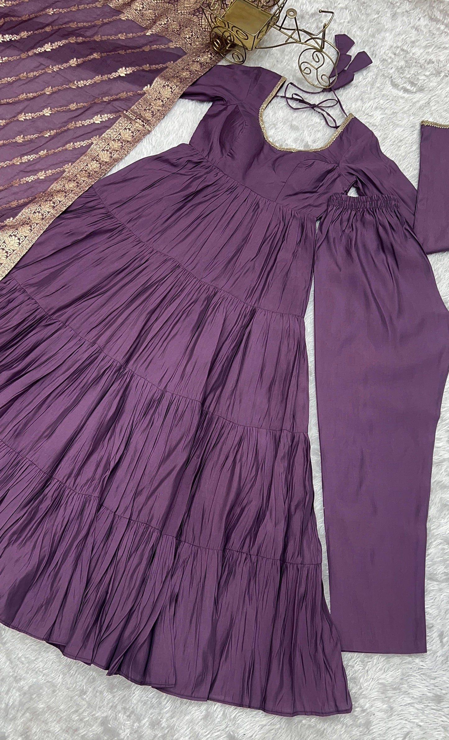 Blissful Purple Color Pure Roman Silk Chanderi Fabric Fully Flair Anarkali Gown With Dupatta