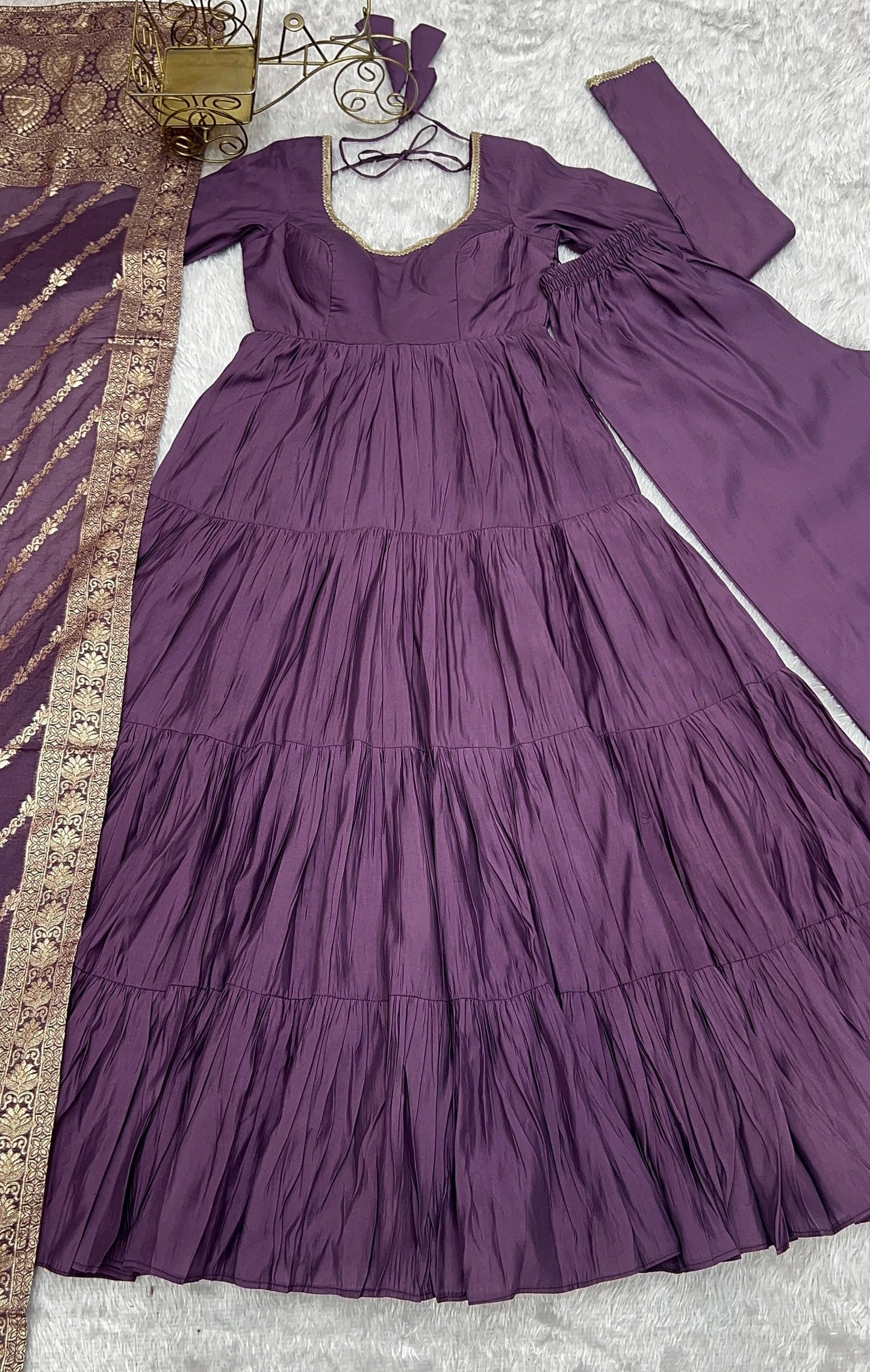 Blissful Purple Color Pure Roman Silk Chanderi Fabric Fully Flair Anarkali Gown With Dupatta