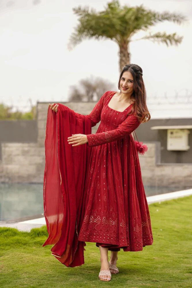 Wedding Wear Embellished Red Color Sequence Work Gown