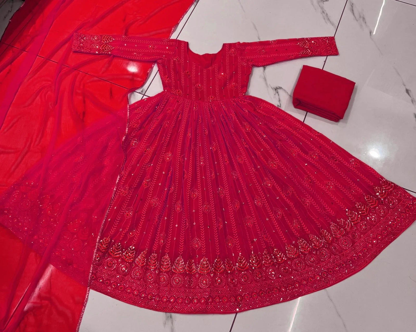 Wedding Wear Embellished Red Color Sequence Work Gown