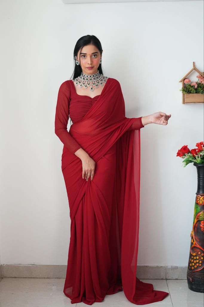 Plain Maroon Color Ready To Wear Georgette Saree