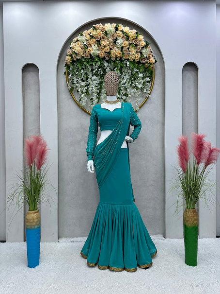 Ready To Wear Beautiful Work Teal Green Lehenga Saree