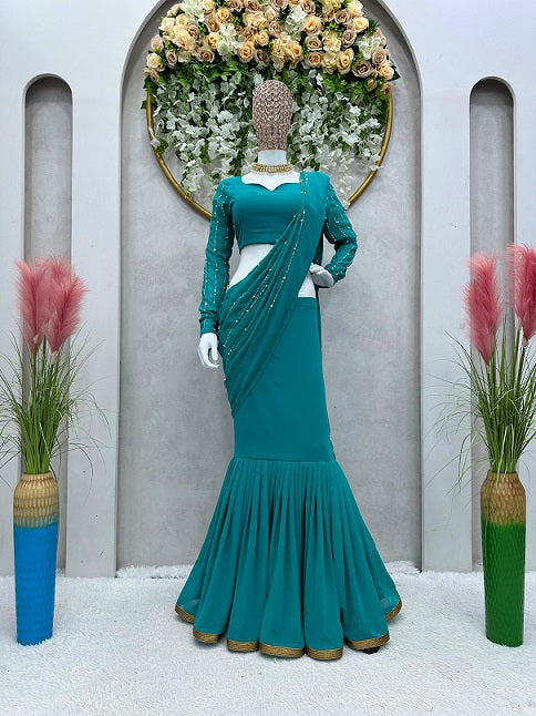 Ready To Wear Beautiful Work Teal Green Lehenga Saree