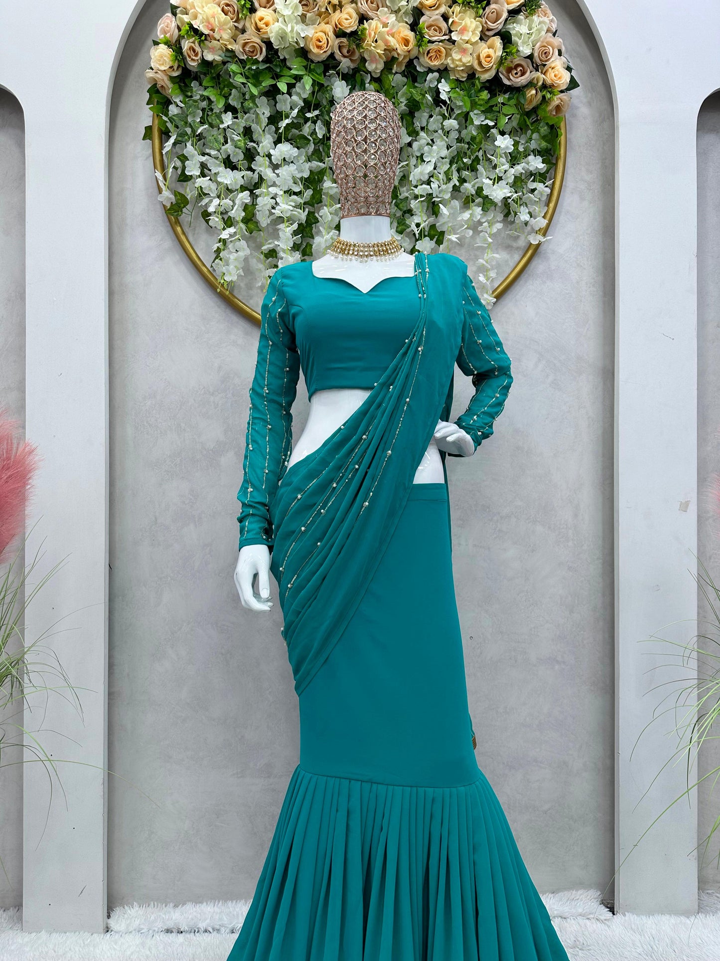 Ready To Wear Beautiful Work Teal Green Lehenga Saree
