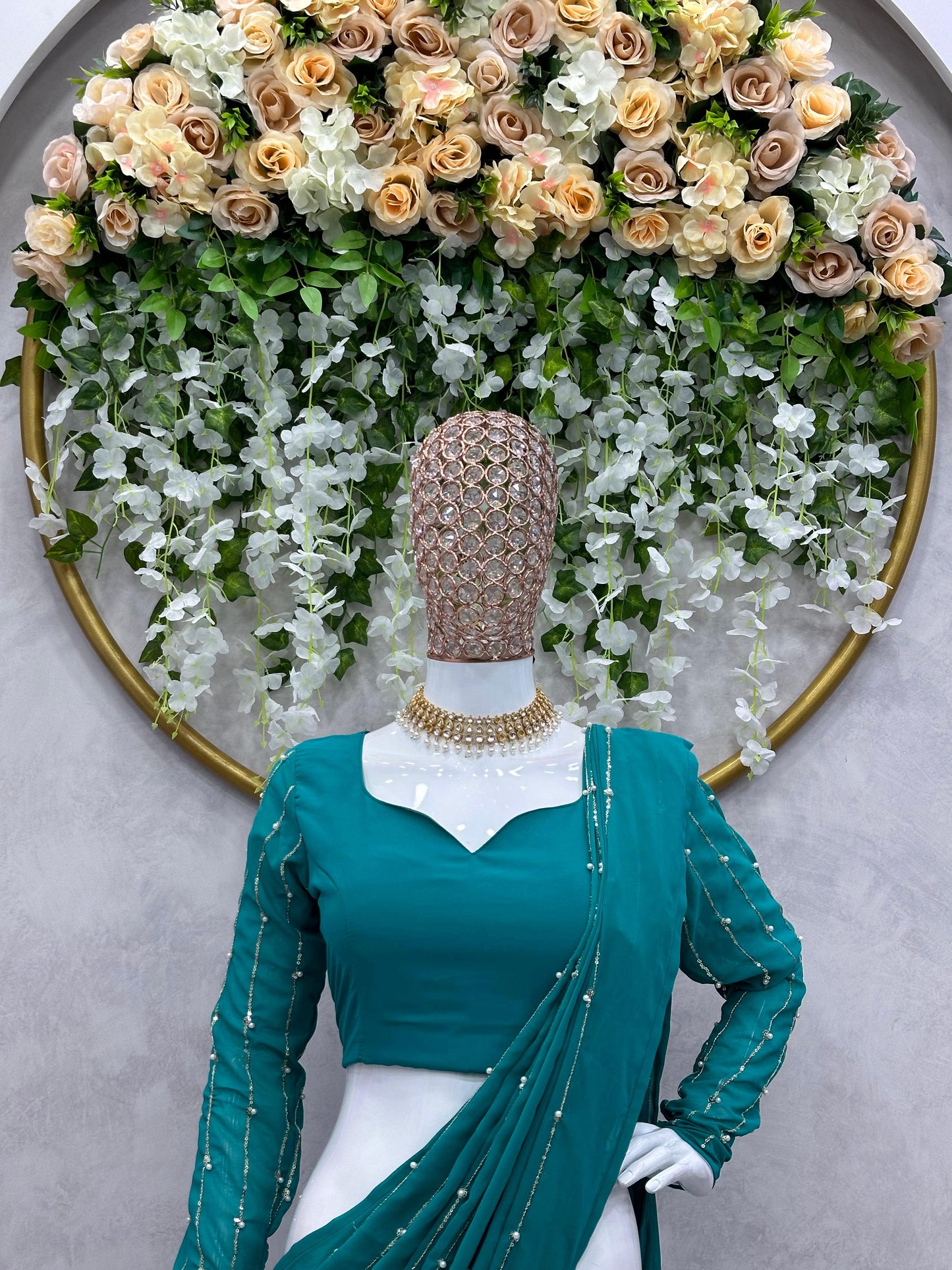 Ready To Wear Beautiful Work Teal Green Lehenga Saree