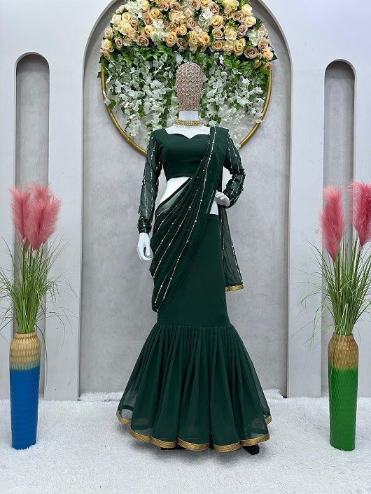 Ready To Wear Beautiful Work Green Color Lehenga Saree