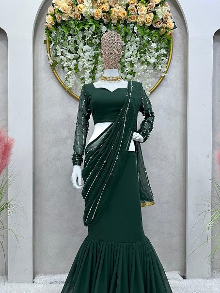 Ready To Wear Beautiful Work Green Color Lehenga Saree
