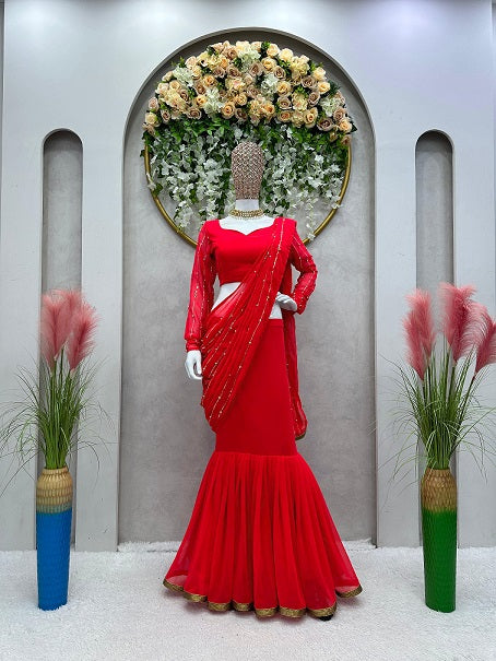Ready To Wear Beautiful Work Red Color Lehenga Saree