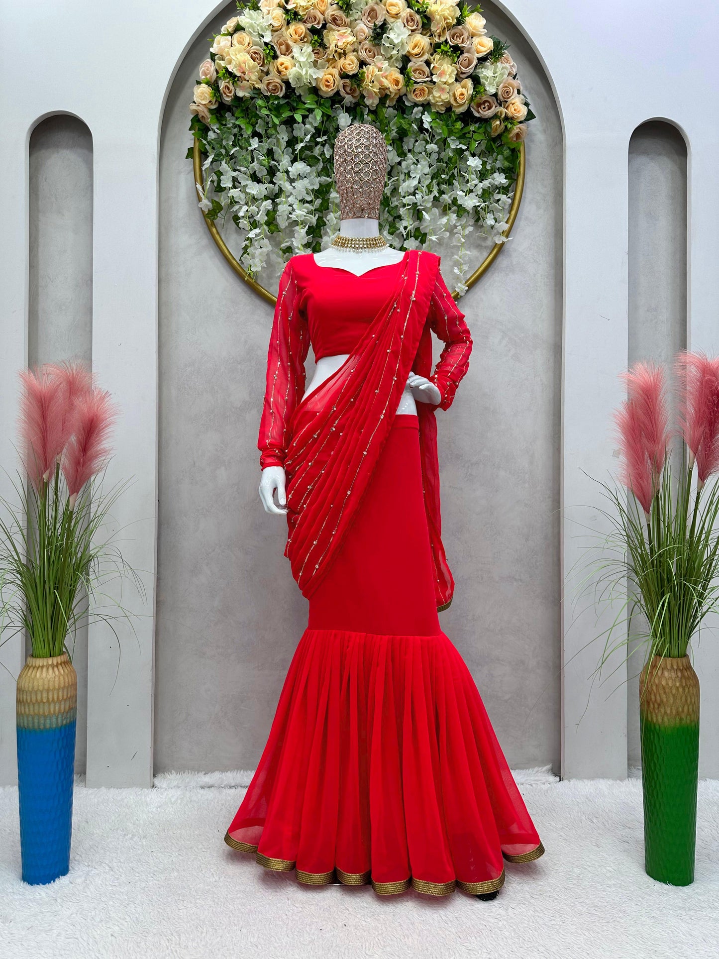 Ready To Wear Beautiful Work Red Color Lehenga Saree