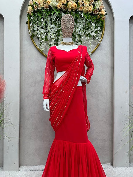 Ready To Wear Beautiful Work Red Color Lehenga Saree