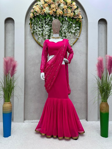 Ready To Wear Beautiful Work Pink Color Lehenga Saree