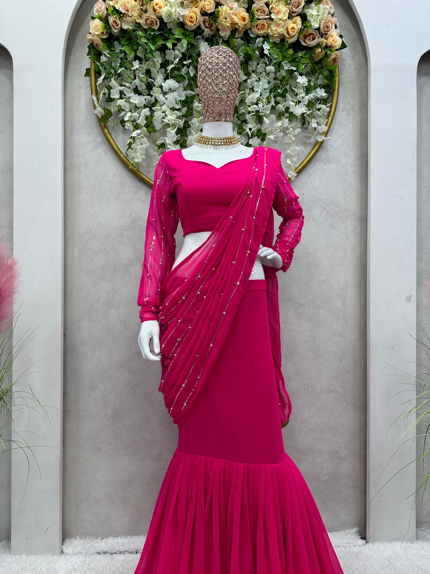 Ready To Wear Beautiful Work Pink Color Lehenga Saree