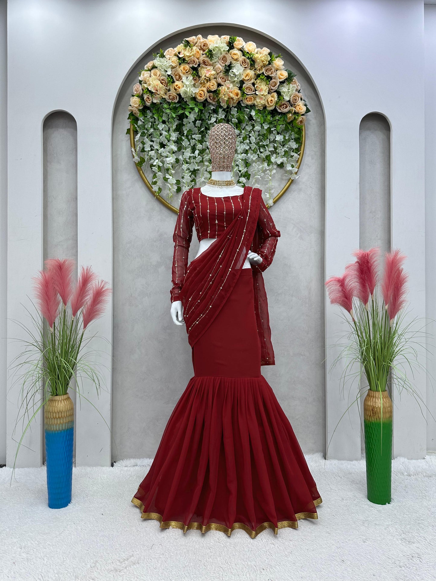 Ready To Wear Beautiful Work Maroon Color Lehenga Saree