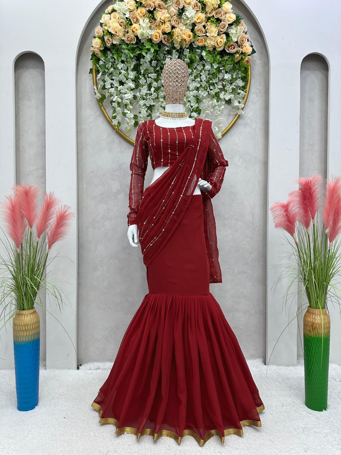 Ready To Wear Beautiful Work Maroon Color Lehenga Saree
