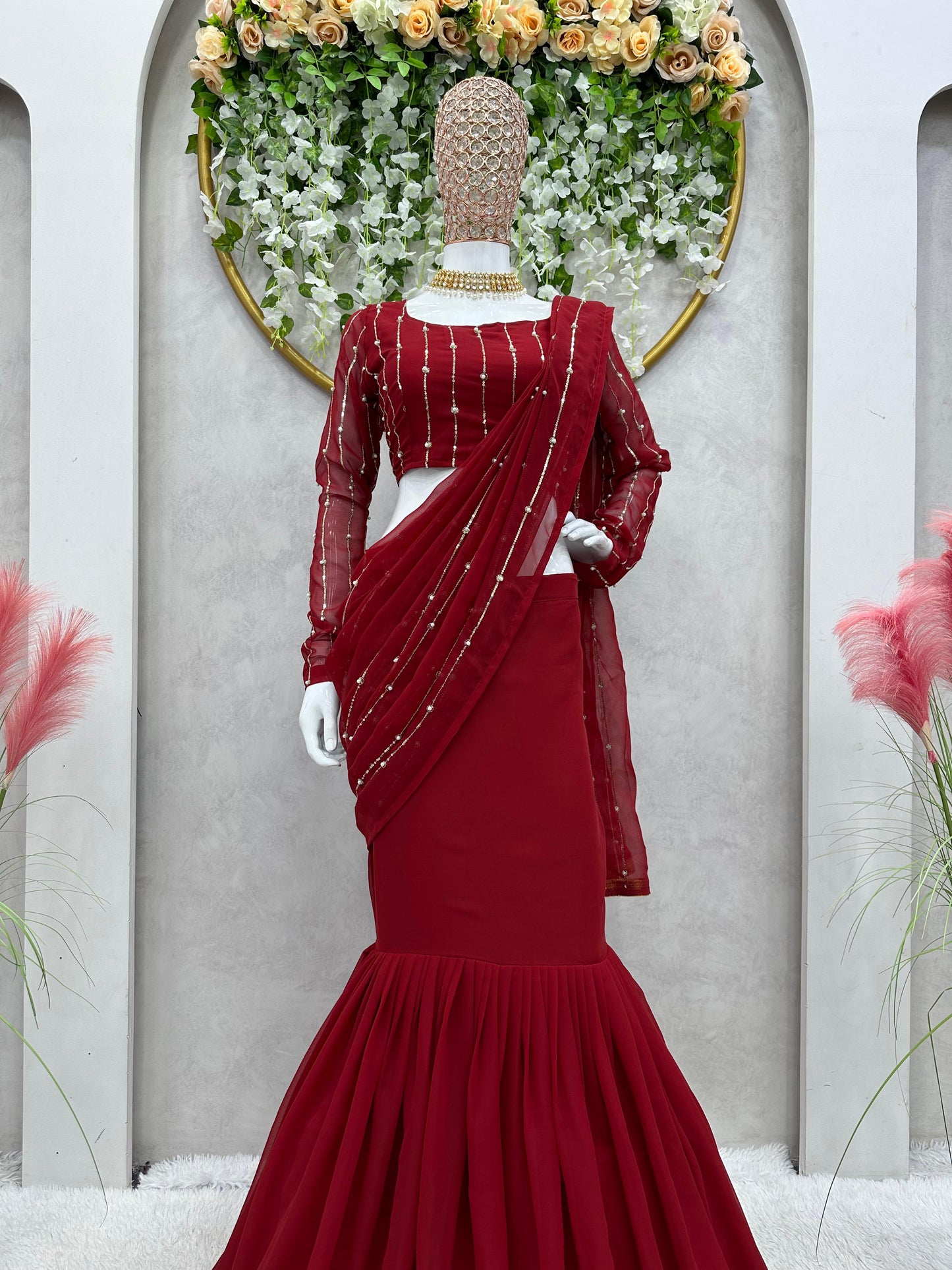 Ready To Wear Beautiful Work Maroon Color Lehenga Saree