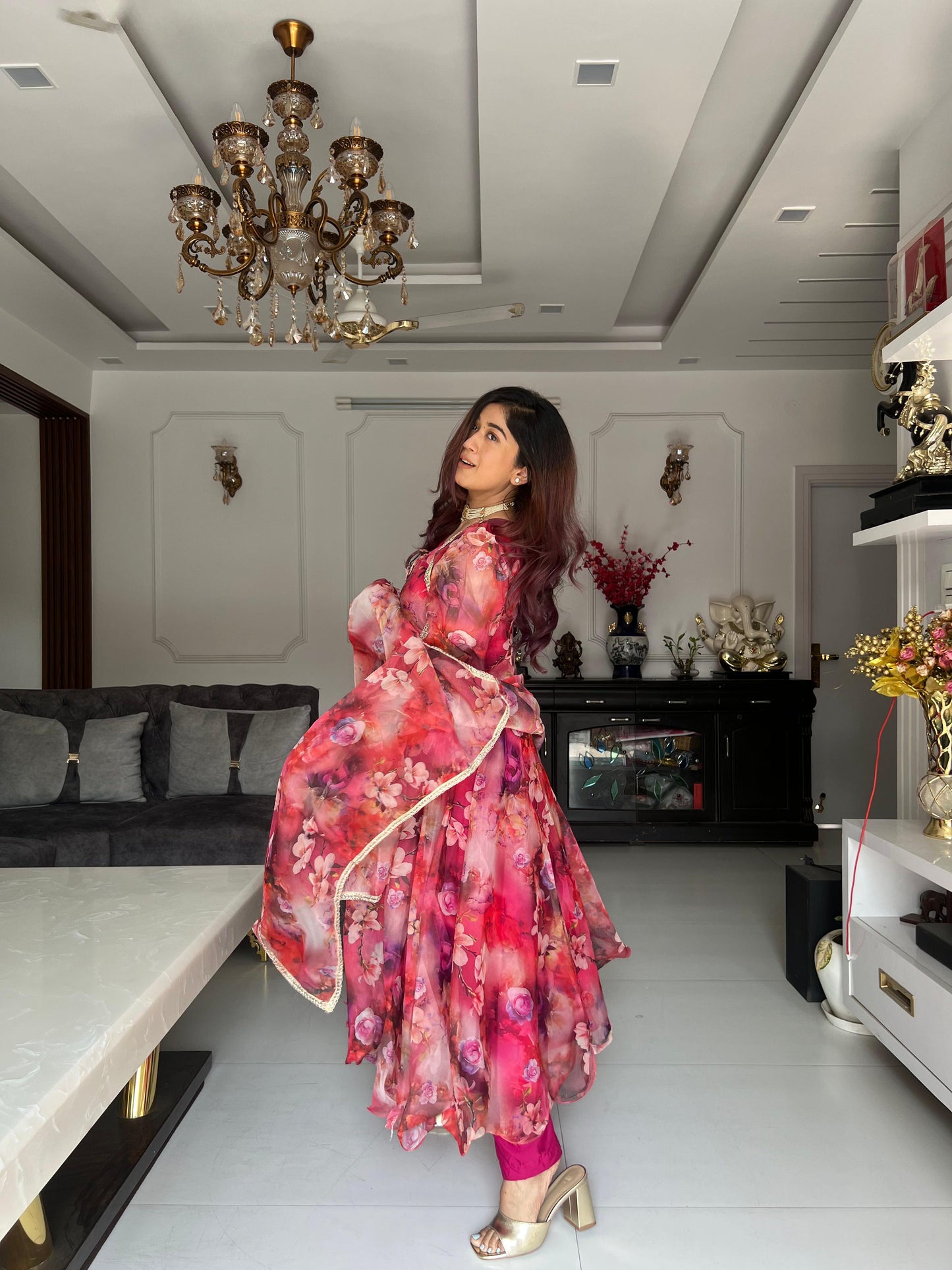 Flower Digital Printed Maroon Color Organza Gown