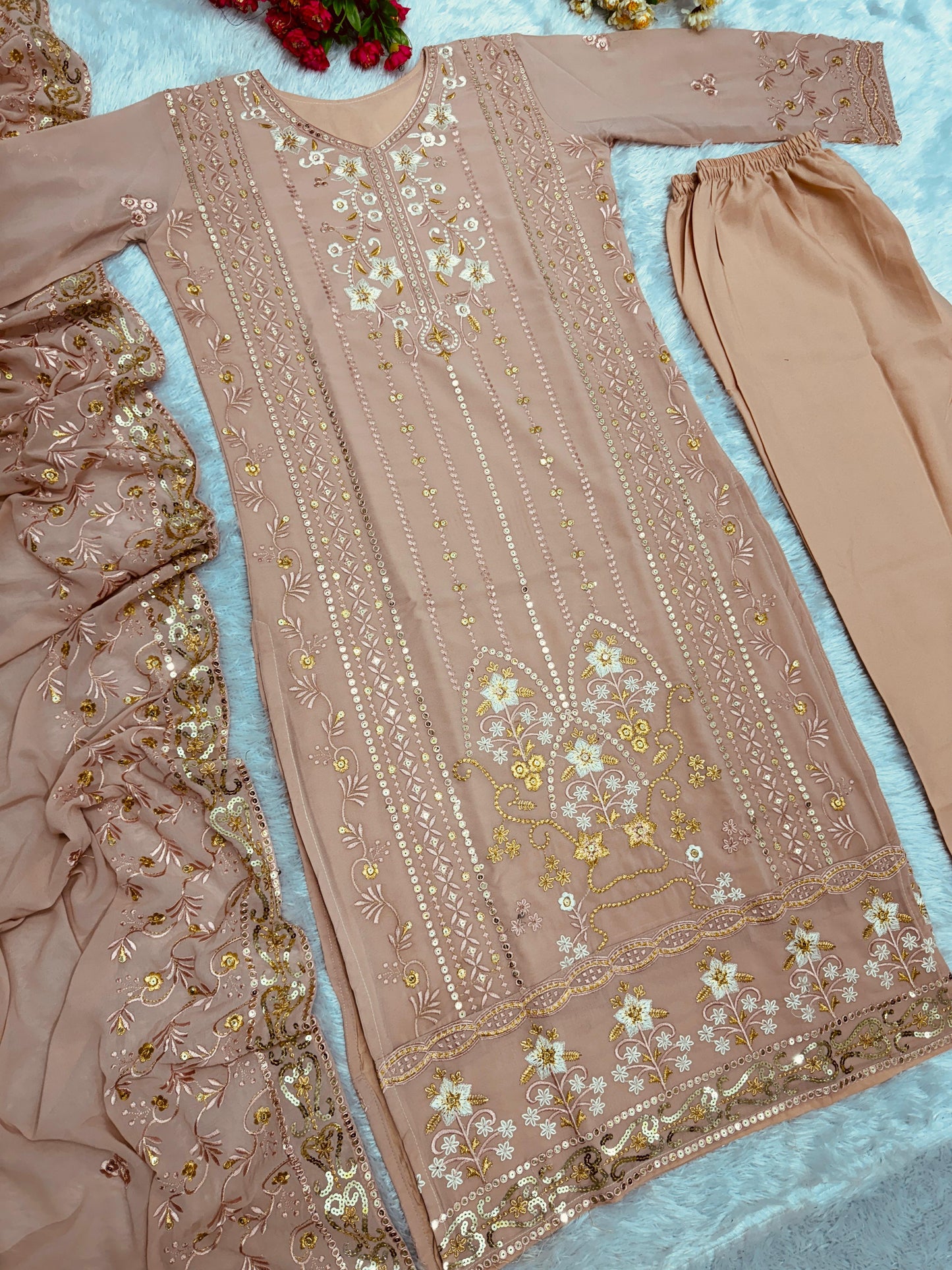 Pretty Thread Work Dark Peach Color Salwar Suit