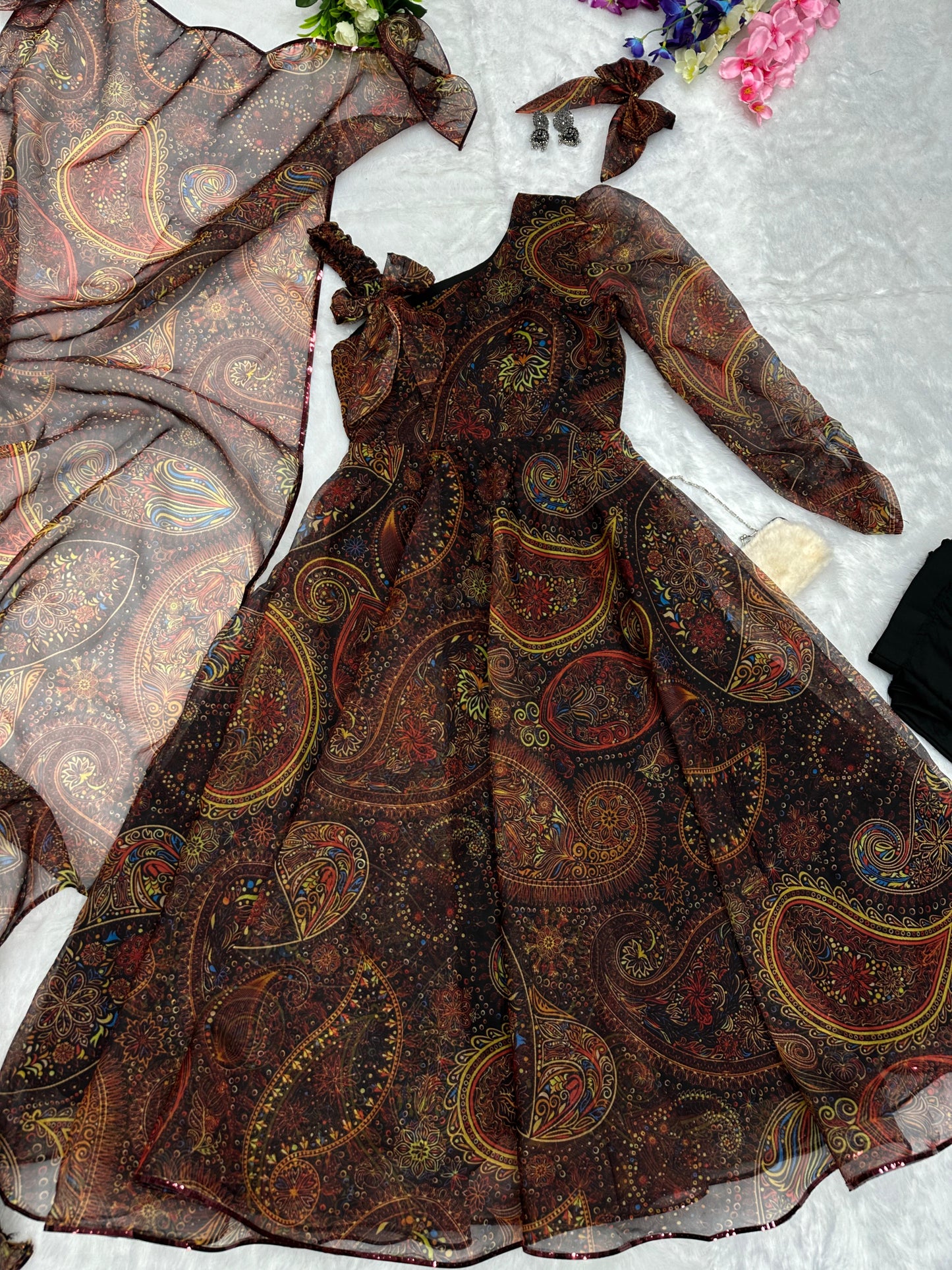 Wonderful Brown Color Organza Silk Anarkali Suit