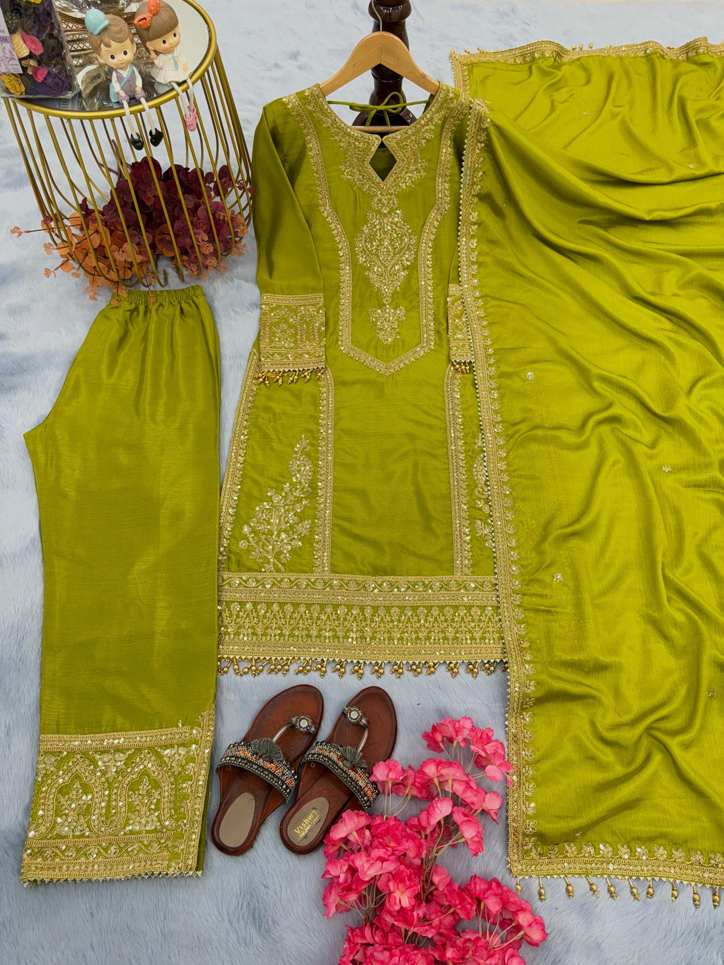 Innovative Parrot Green Color With Work Salwar Suit