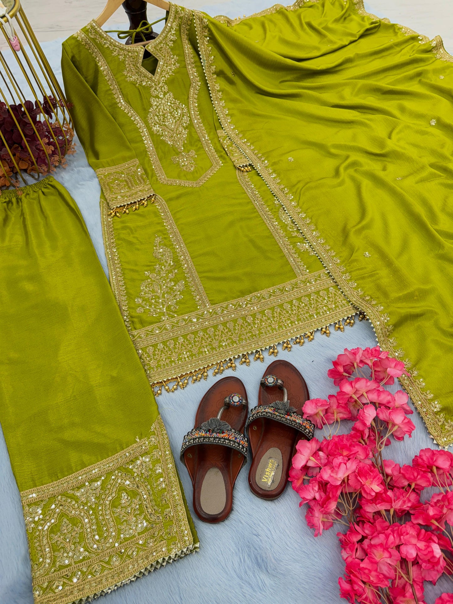 Innovative Parrot Green Color With Work Salwar Suit
