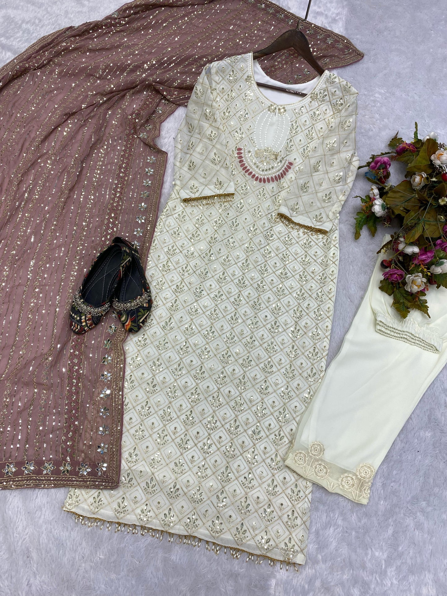 Pretty Sequence Work White Color Suit With Brown Dupatta