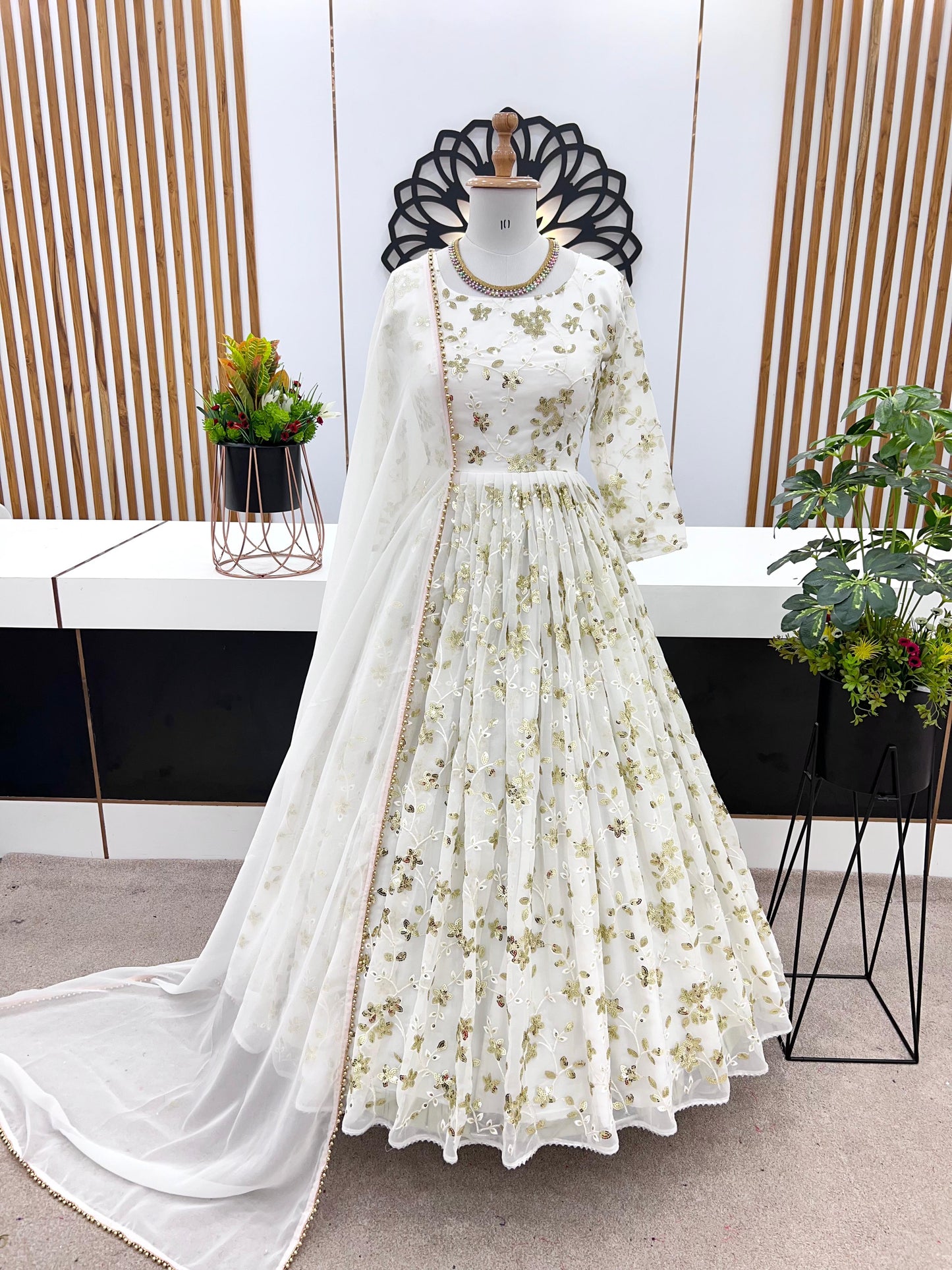 Admiring Embroidery Sequence Work White Color Gown