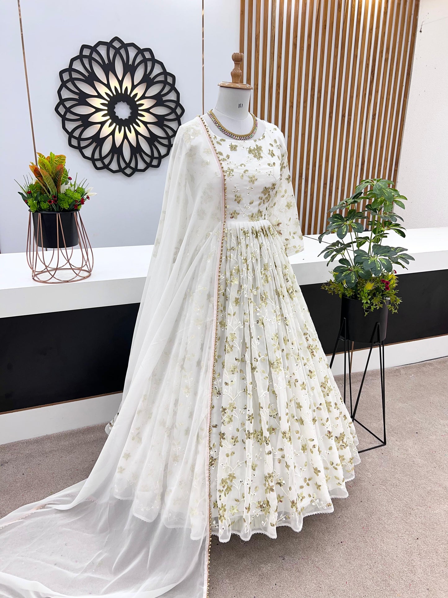 Admiring Embroidery Sequence Work White Color Gown