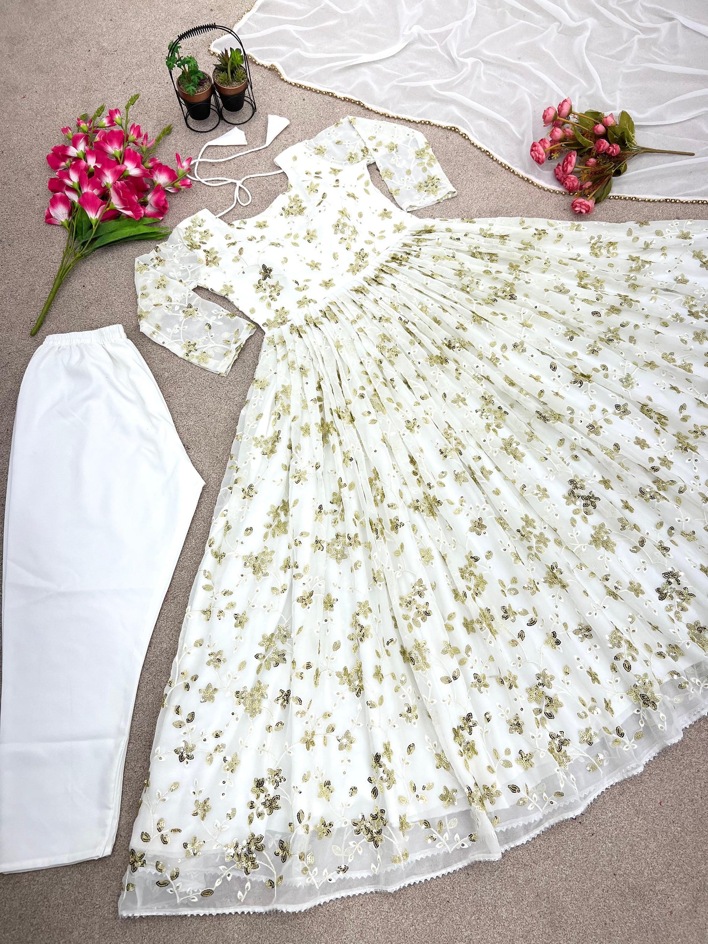 Admiring Embroidery Sequence Work White Color Gown