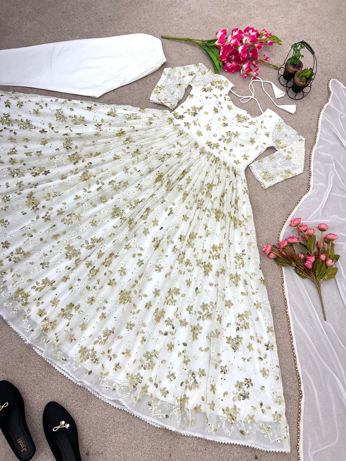 Admiring Embroidery Sequence Work White Color Gown