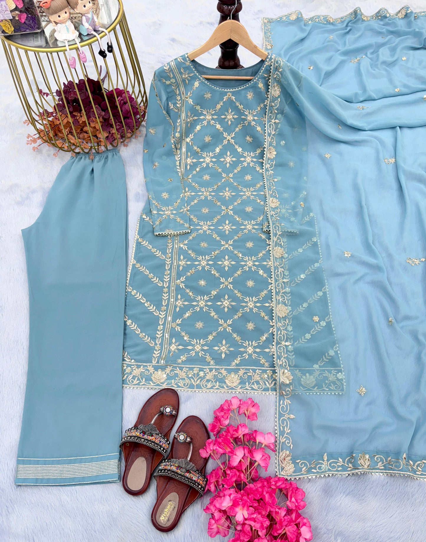 Trendy Sky Blue Color Embroidery Work Salwar Suit