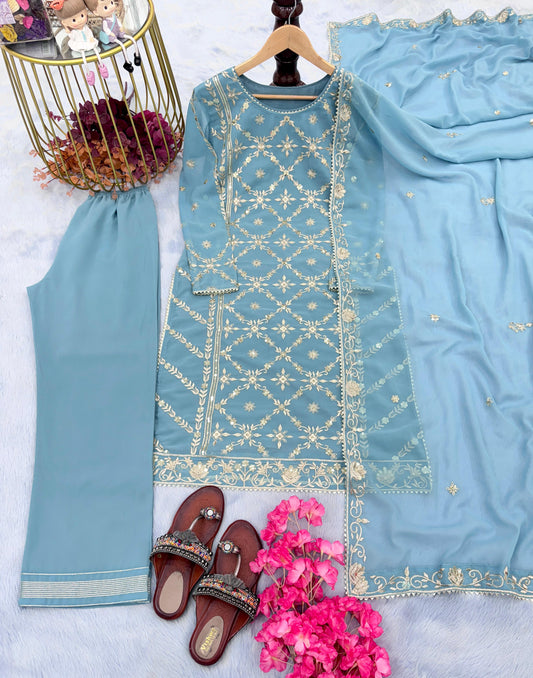 Trendy Sky Blue Color Embroidery Work Salwar Suit