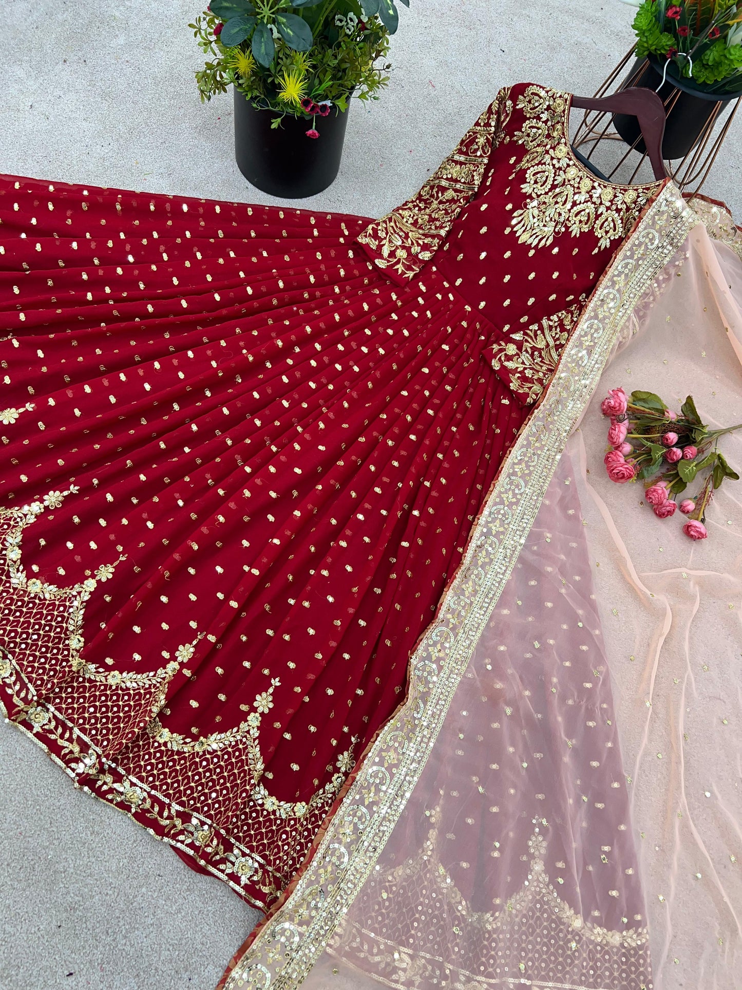 Glorious Maroon Sequence Embroidery Work Gown