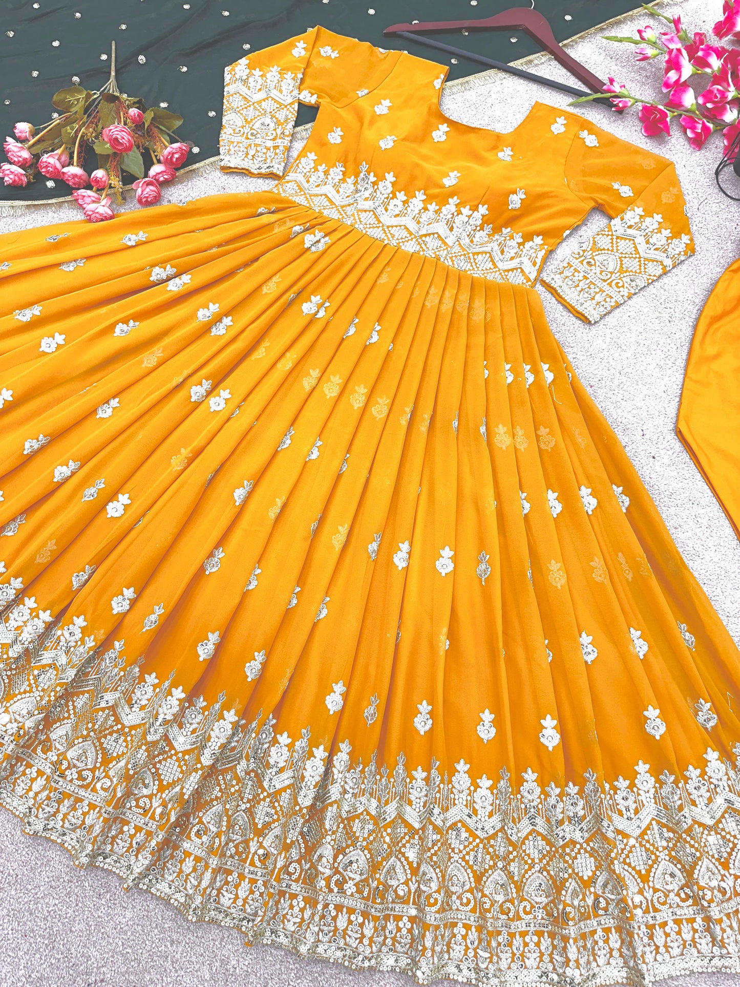 Opulent Yellow Sequence Work Gown With Green Dupatta