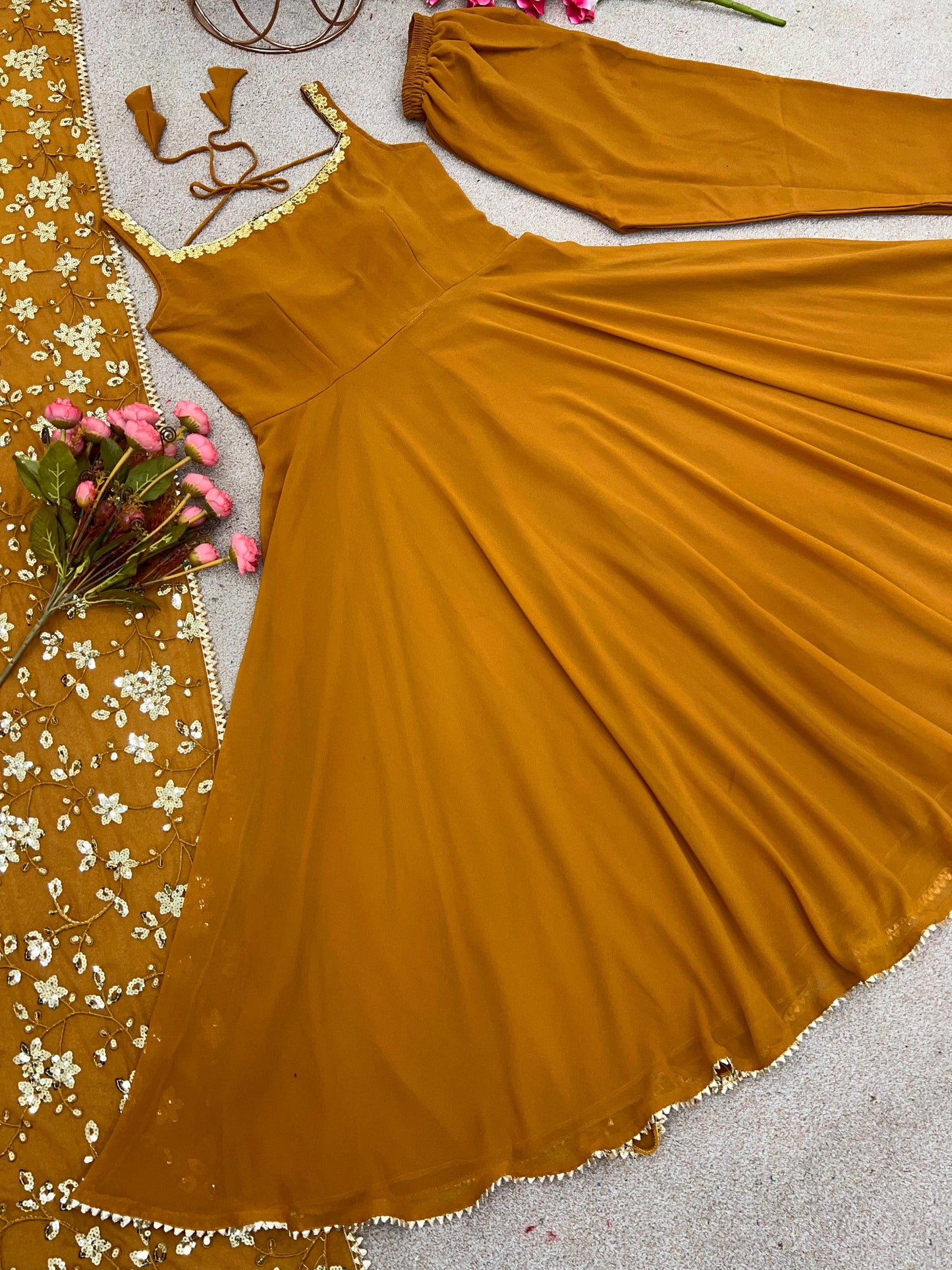 Mustered Color Plain Gown With Sequence Work Dupatta