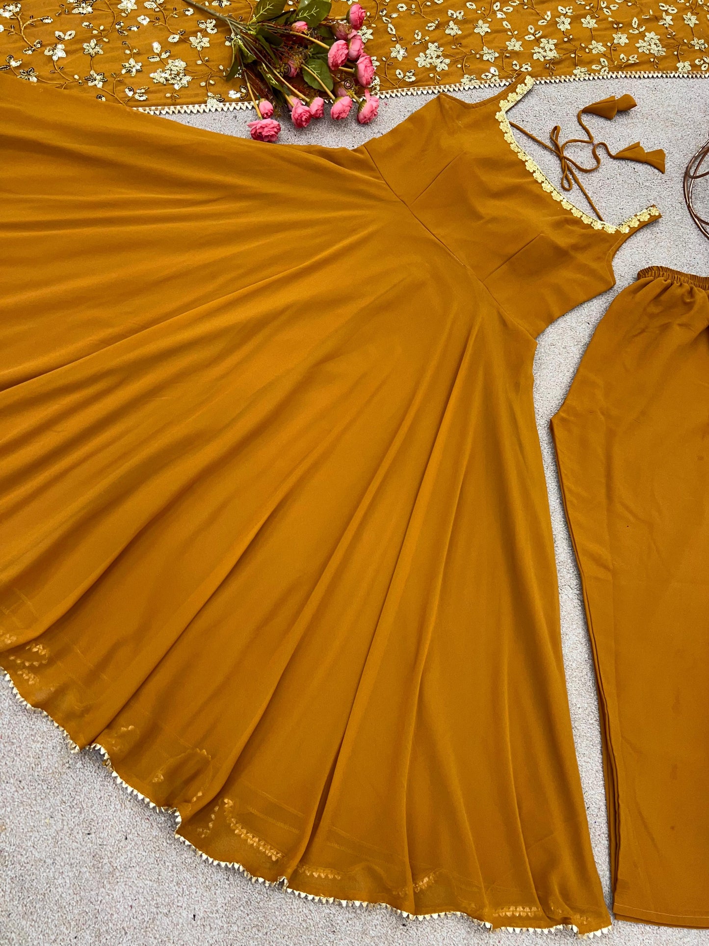 Mustered Color Plain Gown With Sequence Work Dupatta