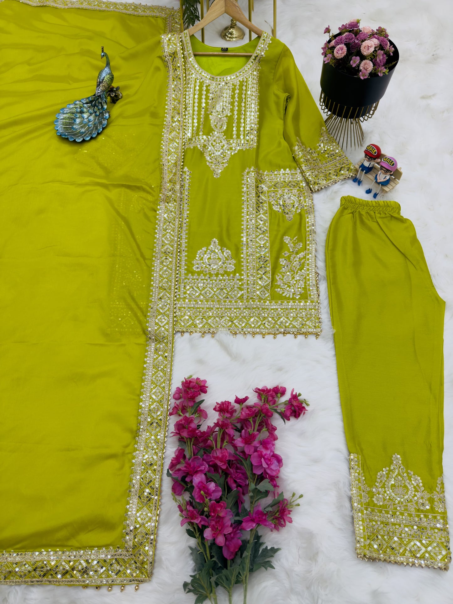Ravishing Embroidery Work Parrot Green Color Salwar Suit