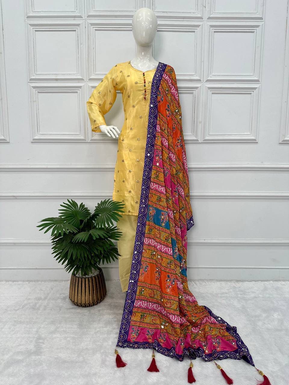 Yellow Color Pretty Salwar Suit With Multi Dupatta